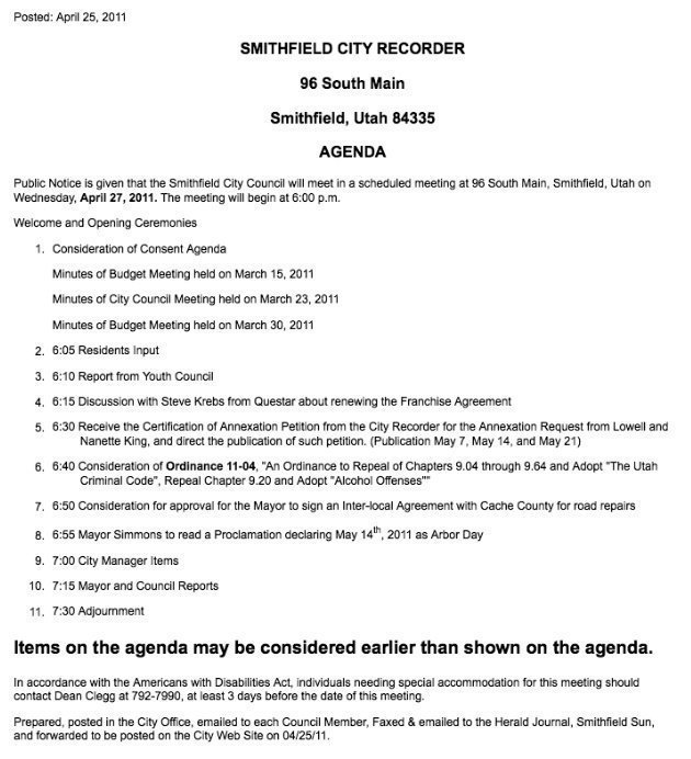 Image: City council meeting agenda for Wednesday, April 27, 2011