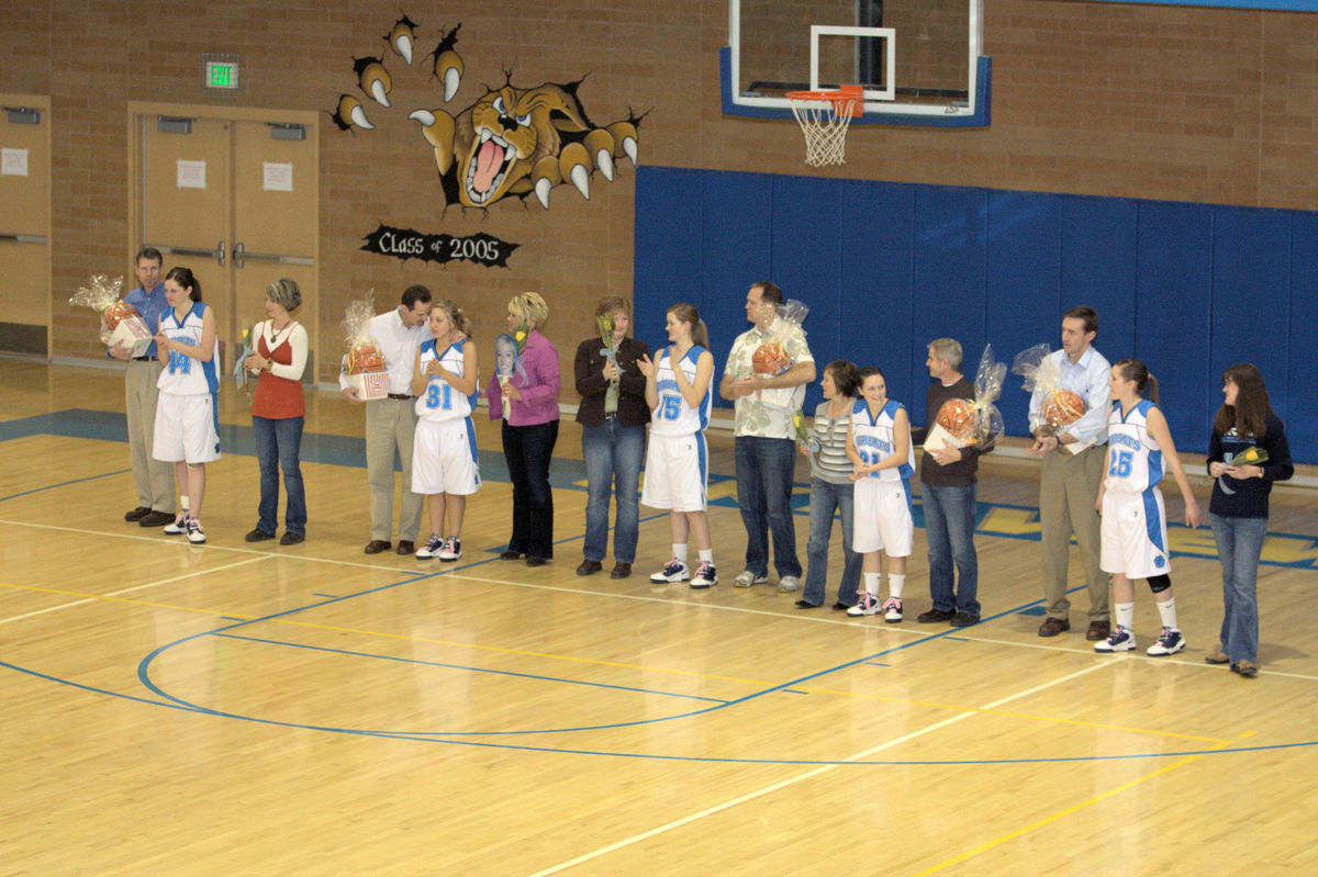 Image: Senior Night — Linsey Walker, Maury Beorchia, Courtney Ballard, Sydnee Johnson, Jessica Duffin &amp; Parents honored before the game.