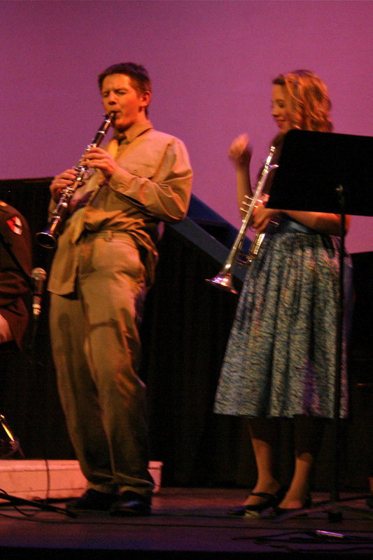 Image: Live music — One of several live band numbers, Ben Bowen on clarinet and Julia Smith on trumpet play Singin’ With The Big Band.
