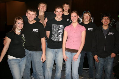 Image: Stage crew — Stage crew — without them the show can’t go on — Cassie Thain, Justin Harmon, James Hullinger, James Harris, Cody Cook, Heidi Jones, Britton Poppleton, and Jon Boehme