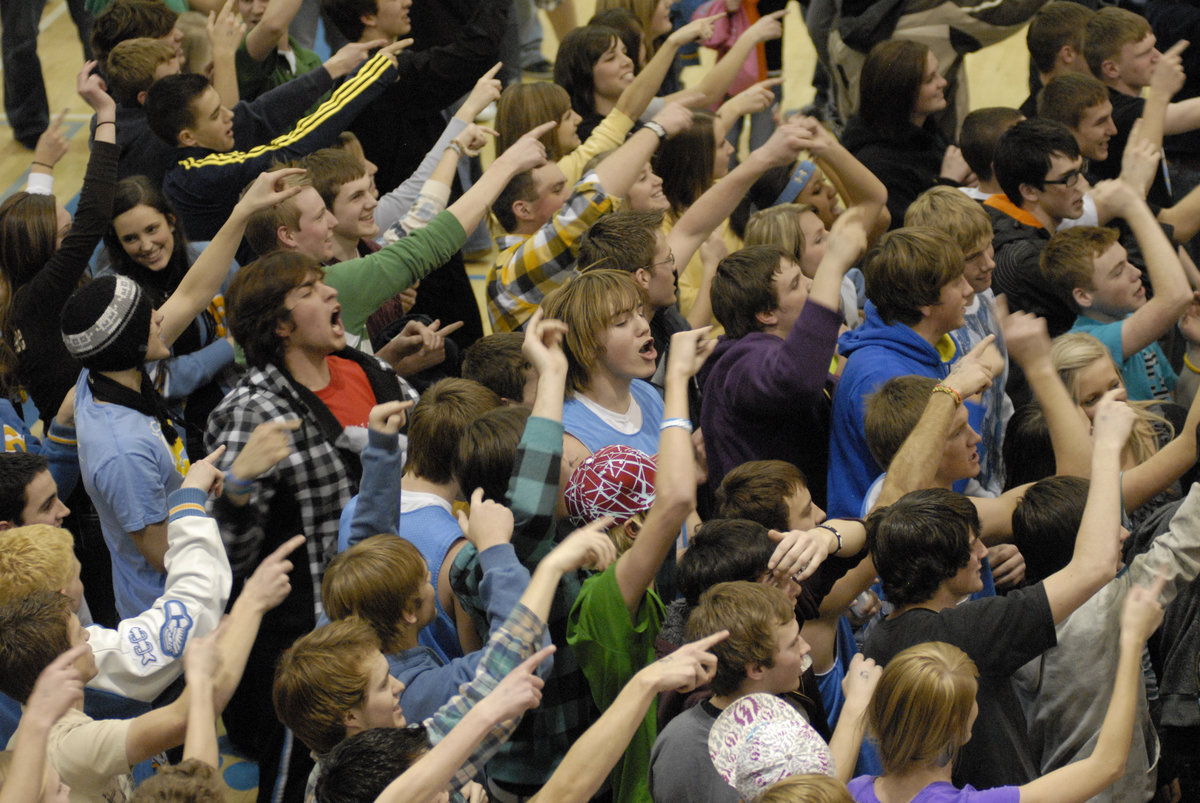 Image: Yes, that’s the scoreboard — Skyview students chant “Yes that is a scoreboard,” to Logan fans after the game.