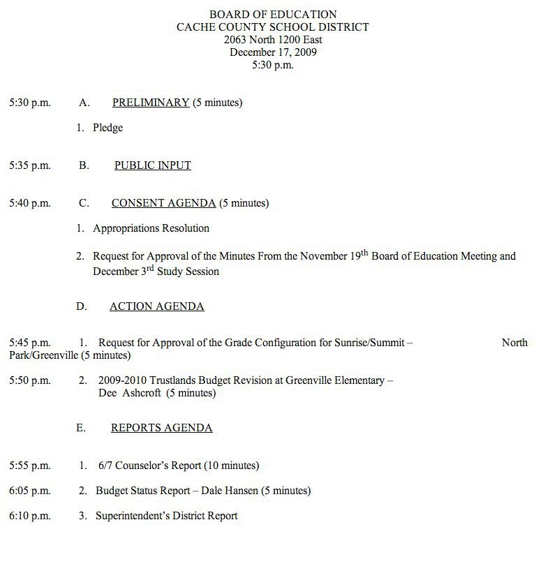 Image: Agenda — Agenda for the board of education of CCSD for December 17, 2009.