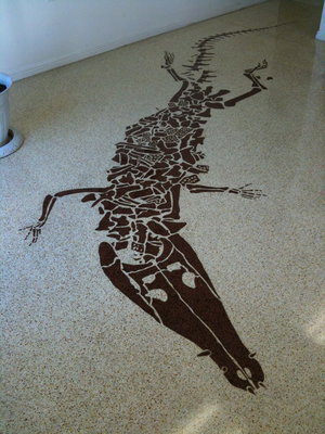 Image: Terrazzo floor — “Arvid” the alligator is an example of the inlay work by Heritage Glass in their Terrazzo flooring. Heritage Glass is donating all the materials for a Terrazo floor in the new city offices. They are also creating an inlay of “Old Flatop” mountain along with the text “Smithfield City” for the main entrance. The city will pay for installation of the flooring. The total cost is expected to be approximately the same as a standard tile floor.
