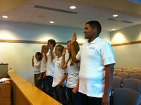 Image: Youth Council Leadership — Smithfield Youth Council leaders being sworn in. Right to left: Brent Perez, Liz Olsen, Garrett Mantz, Matt Dewey, Jacob Low and Whitney Baker.