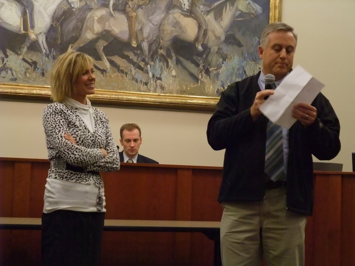 Image: Kimberly Mills and Curt Jenkins — Curt Jenkins, principal, presented Kimberly Mills, 2nd grade teacher, the 2010 Providence Elementary School Teacher of the Year award.