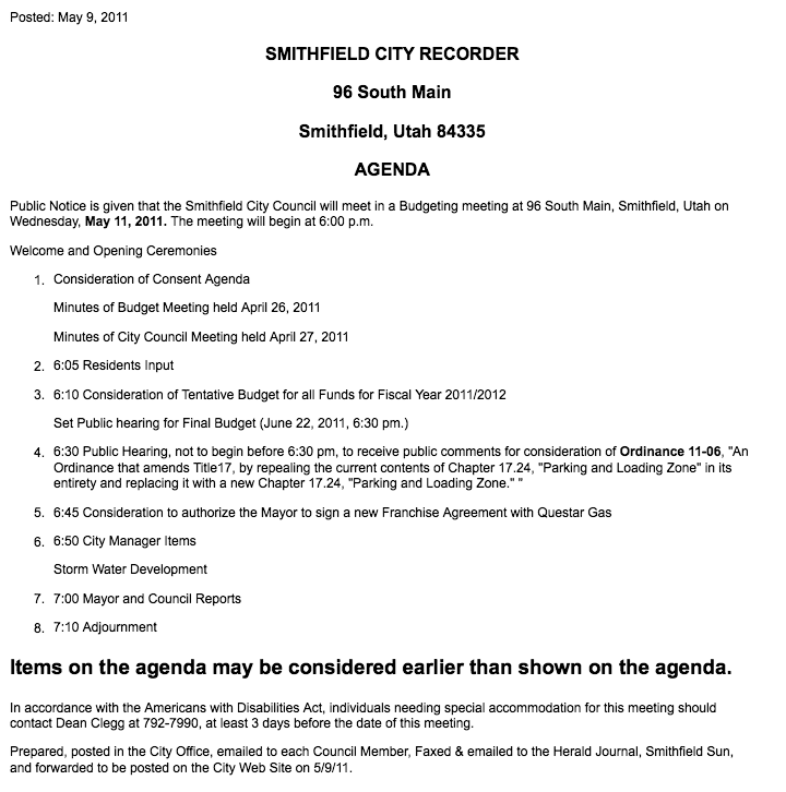 Image: Smithfield City Council agenda for Wednesday, May 11, 2011
