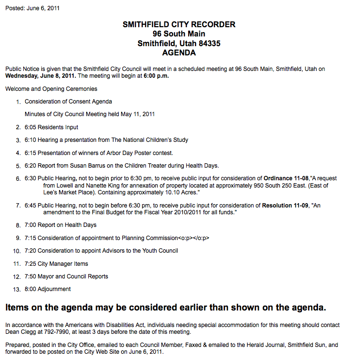 Image: Smithfield City Council meeting agenda for June 8, 2011