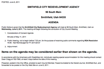 Image: Smithfield City Redevelopment Agency meeting agenda for June 8, 2011