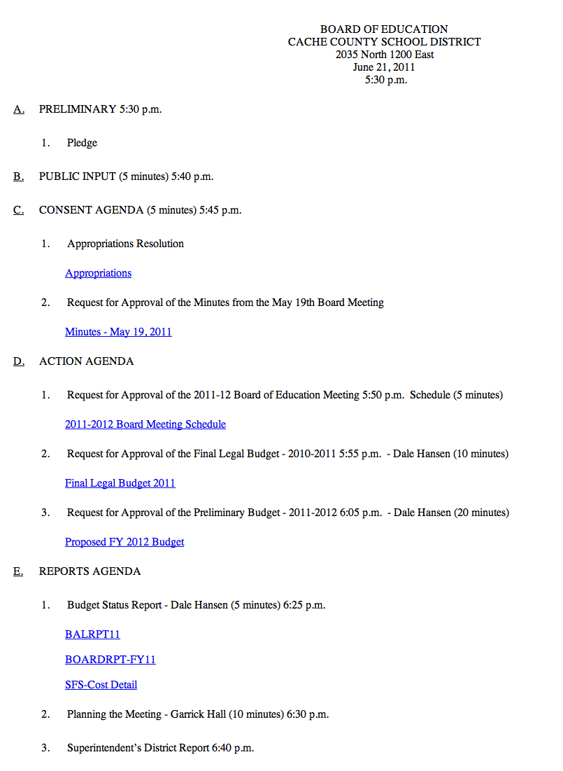 Image: Cache County School District Board of Education Agenda for June 21, 2011