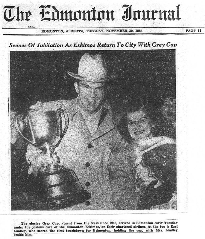 Image: Earl and Marilyn Lindley returning to Edmonton with the Grey Cup