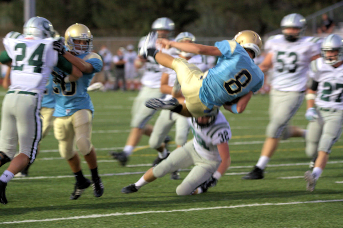 Image: Nick Carver upended flying into the end zone for one of his scores.