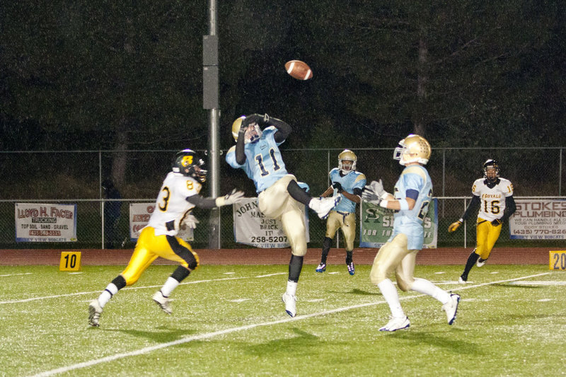 Image: Tyler Stevens (#11) almost came up with an interception defending this pass.  The Bobcats forced six turnovers in the game.