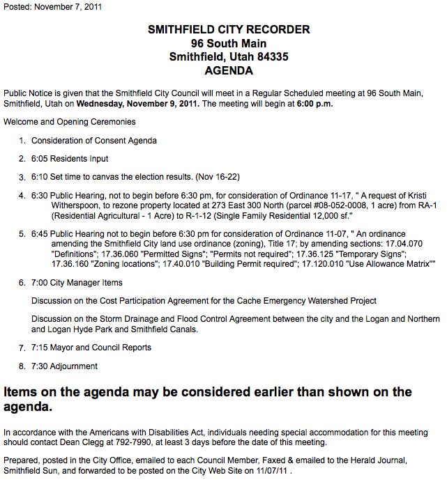 Image: Agenda for the Smithfield City Council meeting for Wednesday, November 9, 2011.