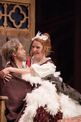 Image: Belle’s father Maurice played by Nick Batty is greeted by the enchanted dust broom Babette played by Makell Moore