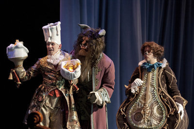 Image: Lumiere Max Benson and Cogsworth Brock Christian Wilson with the Beast