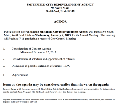 Image: Redevelopment Agency agenda for January 9, 2013