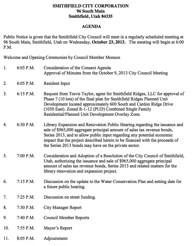 Image: Smithfield City Council meeting agenda for October 23, 2013